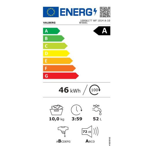 LAVADORA 10kg, 1400rpm, ideal para familias desde 4 personas, clase A-10%, blanca,  VALBERG WF 1014 A-10 W566C