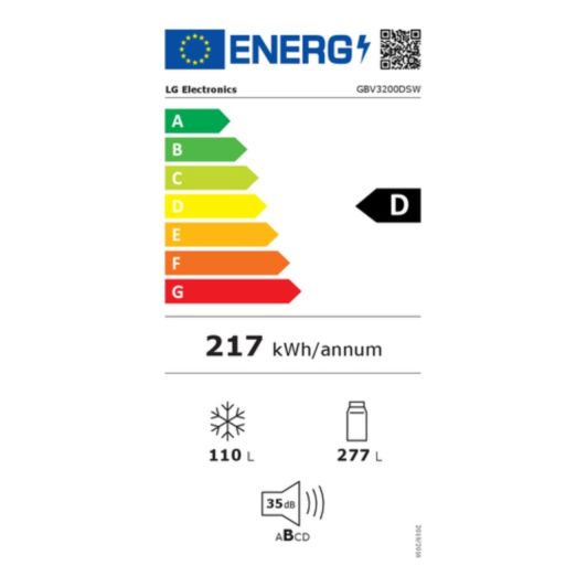 Frigorífico Combi No Frost, 387L, clase D, LG GBV3200DSW