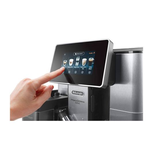 Cafetera Super automática, 19 bares, 2 tazas, pantalla táctil color, Espumador de leche, DELONGHI ECAM610.55.SB PRIMADONNA SOUL