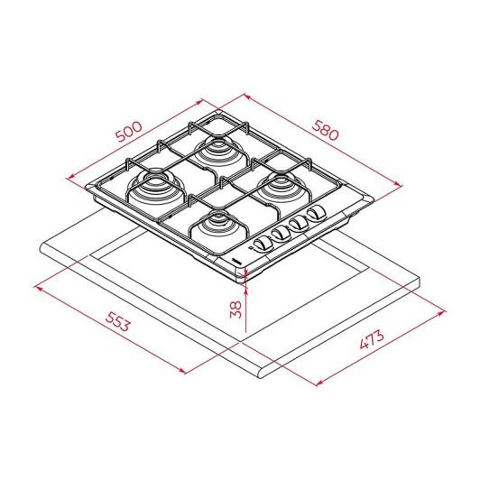 Placa Gas Natural, 60cm, 4 zonas, TEKA HLX 640 KL Esmaltada