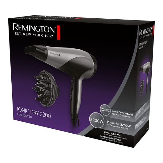 Secador de pelo REMINGTON Negro 2200W Iónico Rejilla Cerámica 3 Temperaturas / 2 velocidades, Aire frio D3190S